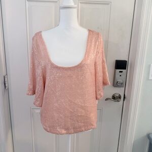 Free People Night Fever Blouse L | Peach Sequin Scoop Back